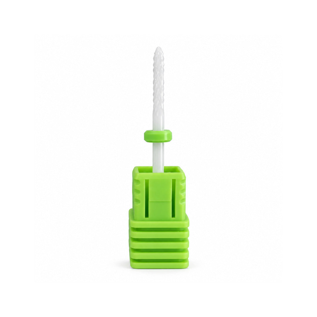 Capăt freză ceramic Flacără Mică, granulație dură (C), inel verde, pentru îndepărtarea și ajustarea materialului artificial de pe unghiile tehnice.